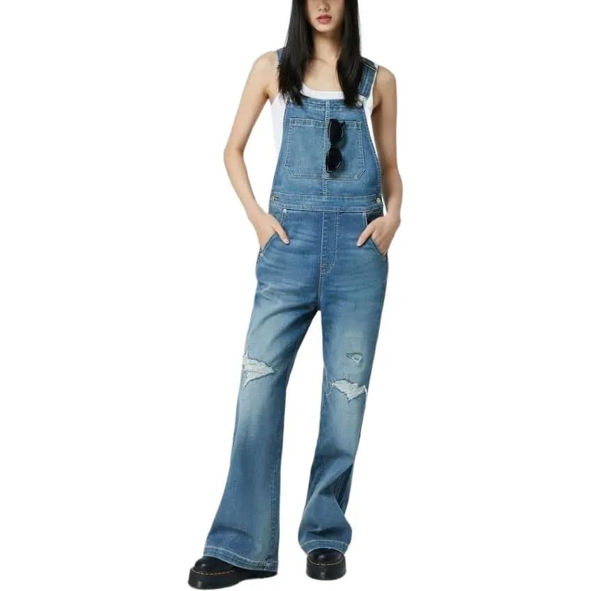GAP Solid Color Loose Distressed Denim Overall Dress Women's Light Blue 2