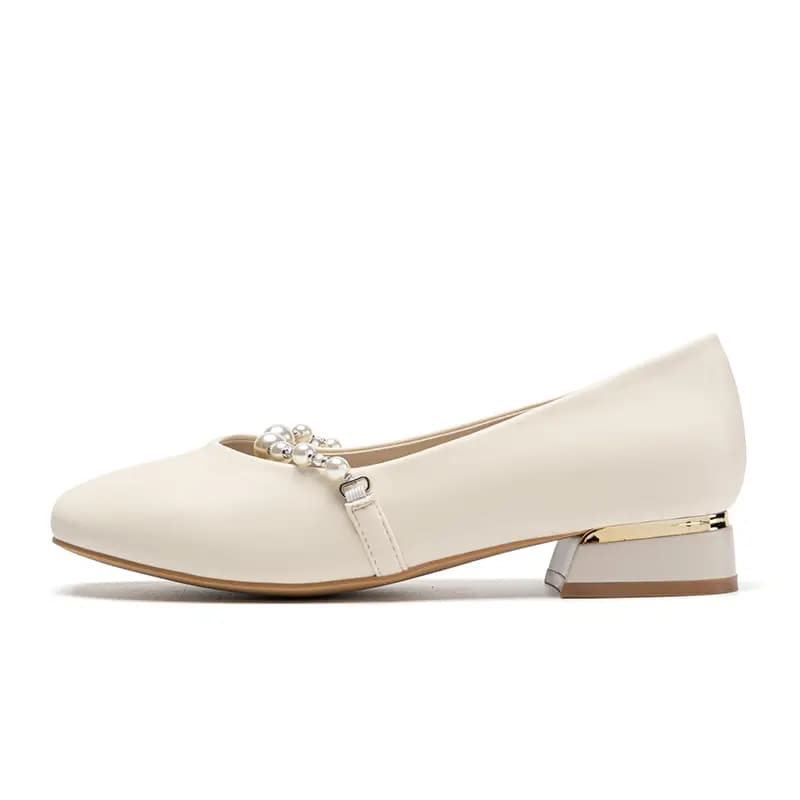 ZHR French Shallow Mouth Soft Sole Pearl Strap Chunky Heel Mary Jane Shoes Women's