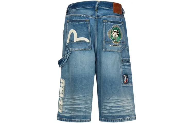 EVISU SS24 Seagull Print and Dharma Pattern Denim Shorts Men's Denim Blue