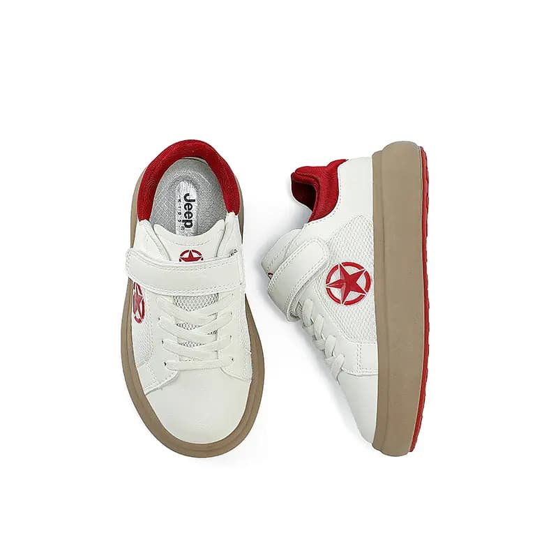 Kids Jeep Outdoor Casual White Shoes Breathable Soft Sole Velcro Slip-Resistant Wear-Resistant Low-Top Kids' Skate Shoes White-Red 8
