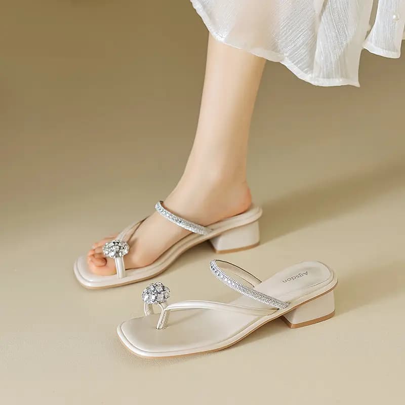 AGSDON French Elegant Crystal Rhinestone Flat Sandals Women's 4