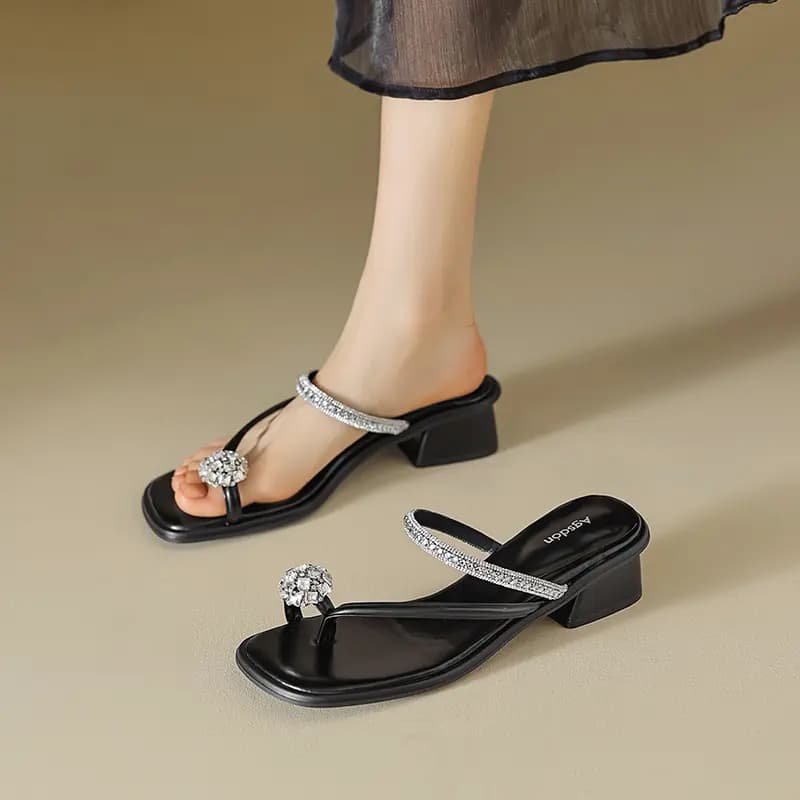 AGSDON French Elegant Crystal Rhinestone Flat Sandals Women's 14