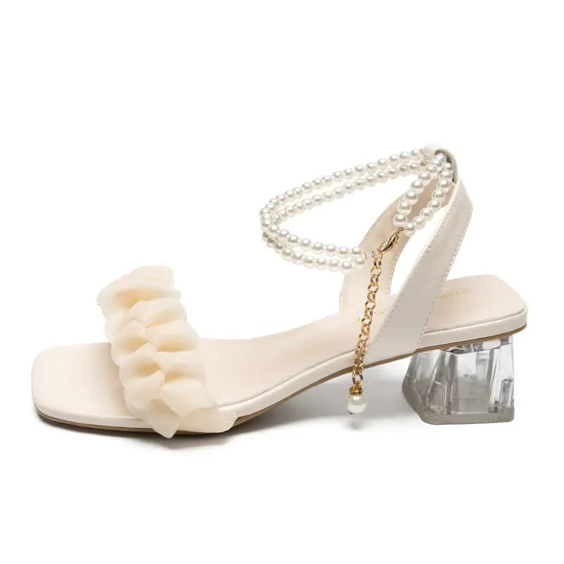 ZHR Fabric Elegant Comfortable Versatile Fairy Style Pearl Double Chain Square Toe One-Strap Sandals 4.5cm Women's