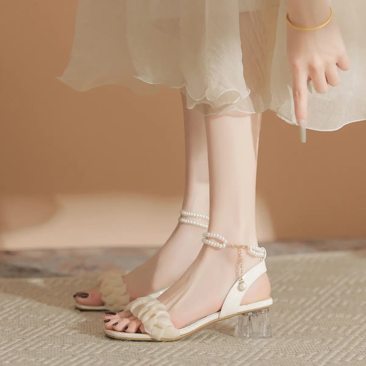 ZHR Fabric Elegant Comfortable Versatile Fairy Style Pearl Double Chain Square Toe One-Strap Sandals 4.5cm Women's 5