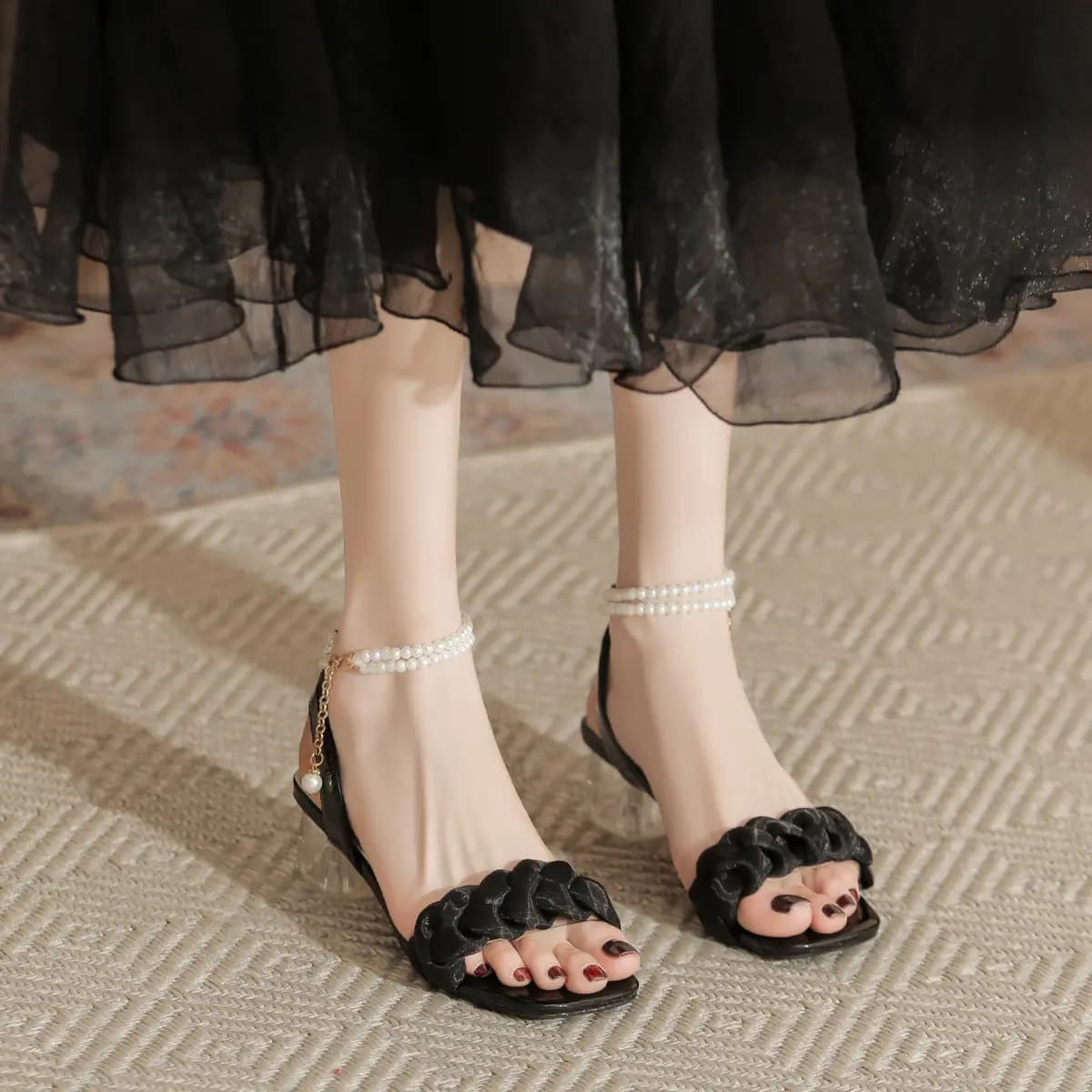 ZHR Fabric Elegant Comfortable Versatile Fairy Style Pearl Double Chain Square Toe One-Strap Sandals 4.5cm Women's 10