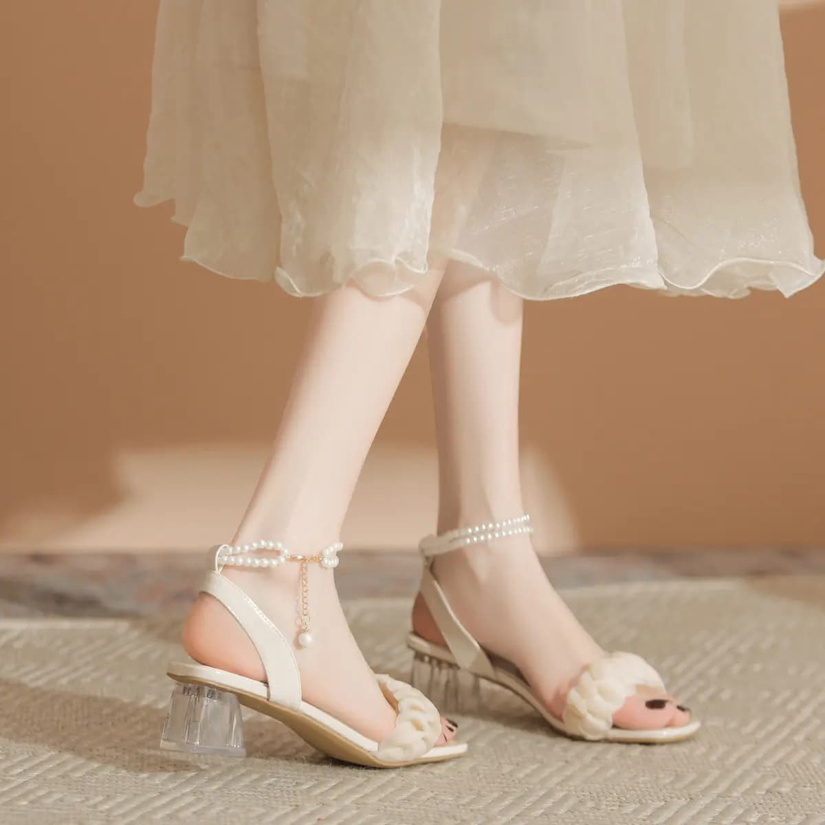 ZHR Fabric Elegant Comfortable Versatile Fairy Style Pearl Double Chain Square Toe One-Strap Sandals 4.5cm Women's 3