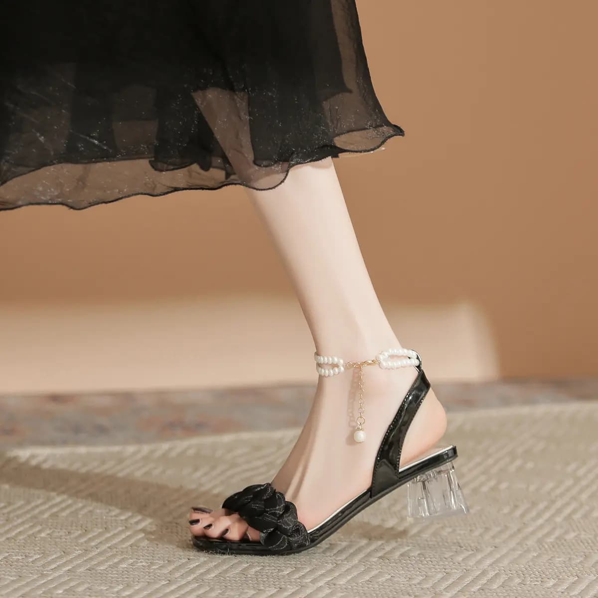 ZHR Fabric Elegant Comfortable Versatile Fairy Style Pearl Double Chain Square Toe One-Strap Sandals 4.5cm Women's 12