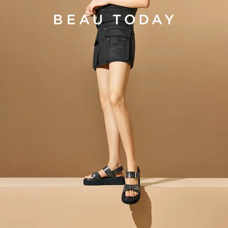 Beau Today Calfskin Classic Comfort Height-Increasing Versatile Thick-Soled Roman Sandals Women's 9