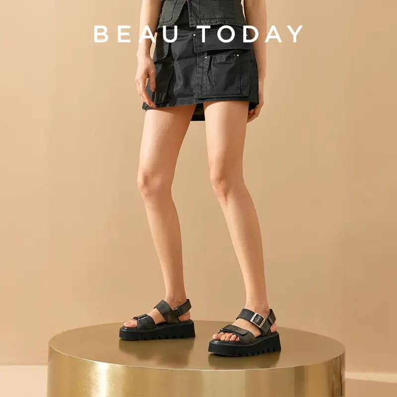 Beau Today Calfskin Classic Comfort Height-Increasing Versatile Thick-Soled Roman Sandals Women's 8
