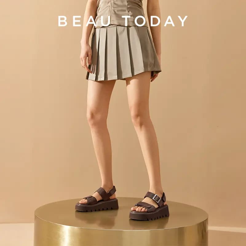 Beau Today Calfskin Classic Comfort Height-Increasing Versatile Thick-Soled Roman Sandals Women's 17