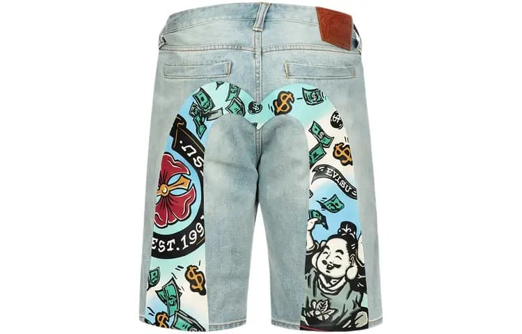 EVISU SS24 Playful Godhead Daicock Print Regular Fit Denim Shorts
