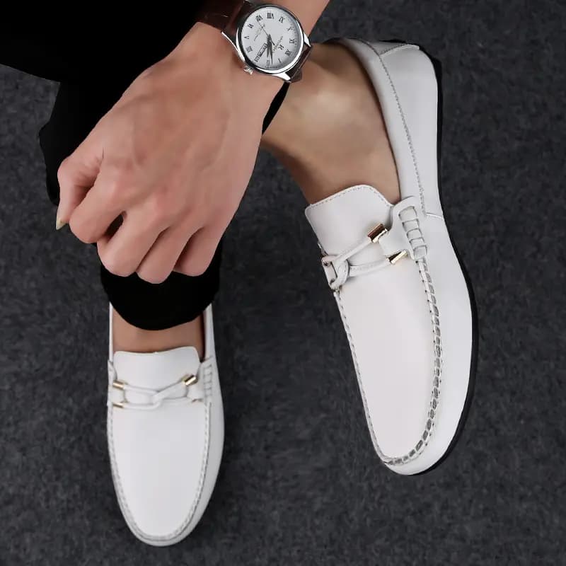 British Knight Top Layer Calfskin Comfortable Wear-Resistant Lightweight Breathable Non-Slip Soft Sole Fashion Versatile Driving Shoes Men's White