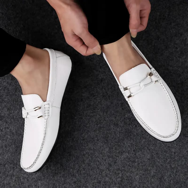 British Knight Top Layer Calfskin Comfortable Wear-Resistant Lightweight Breathable Non-Slip Soft Sole Fashion Versatile Driving Shoes Men's White 3