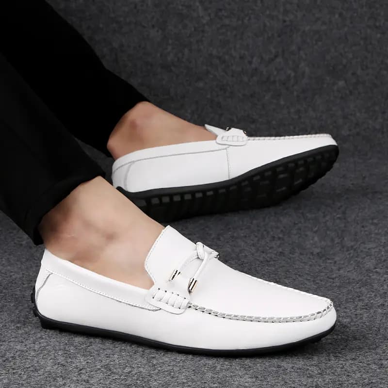 British Knight Top Layer Calfskin Comfortable Wear-Resistant Lightweight Breathable Non-Slip Soft Sole Fashion Versatile Driving Shoes Men's White 2