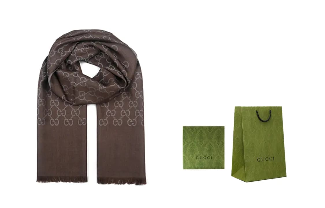GUCCI GG Logo Wool Silk Şərf Qadın Tünd Boz 11