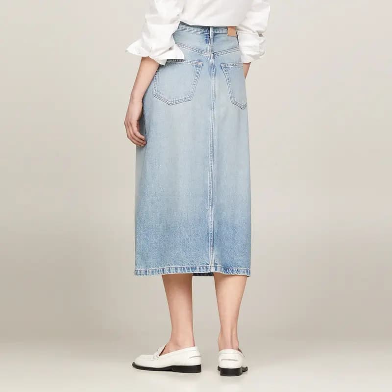 Tommy Hilfiger Solid Color Mid-Rise Fitted Denim Long Skirt Women's Denim Blue 5