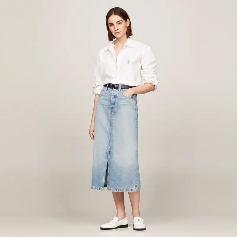 Tommy Hilfiger Solid Color Mid-Rise Fitted Denim Long Skirt Women's Denim Blue 6