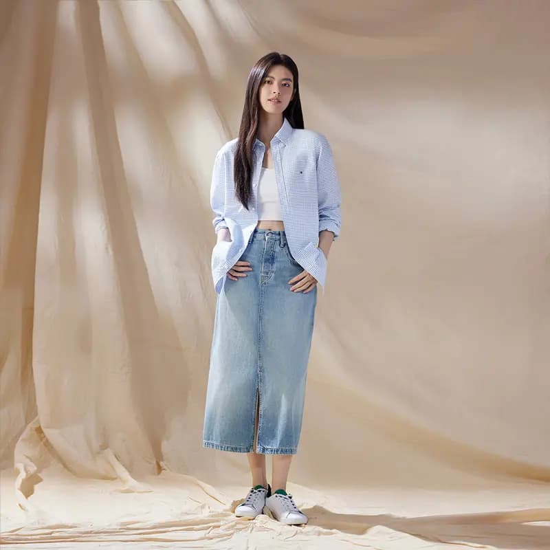 Tommy Hilfiger Solid Color Mid-Rise Fitted Denim Long Skirt Women's Denim Blue 3