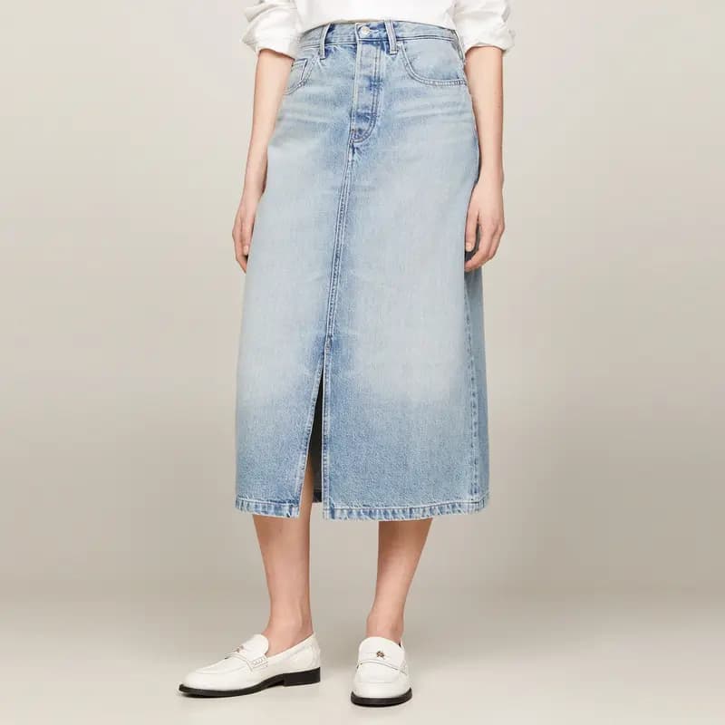 Tommy Hilfiger Solid Color Mid-Rise Fitted Denim Long Skirt Women's Denim Blue 4