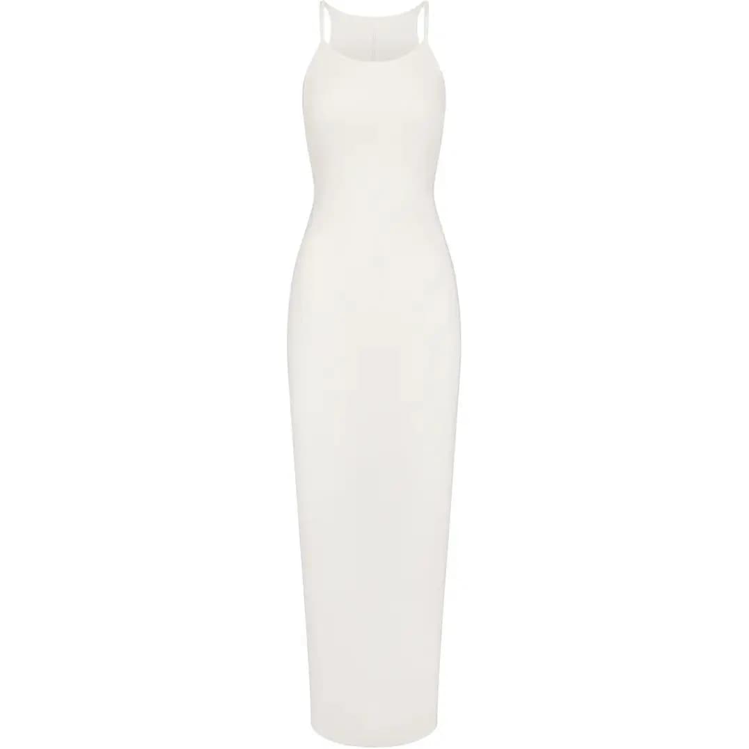 SKIMS SS24 COTTON RIB LONG CAMI Qadın Slip Donu Marble