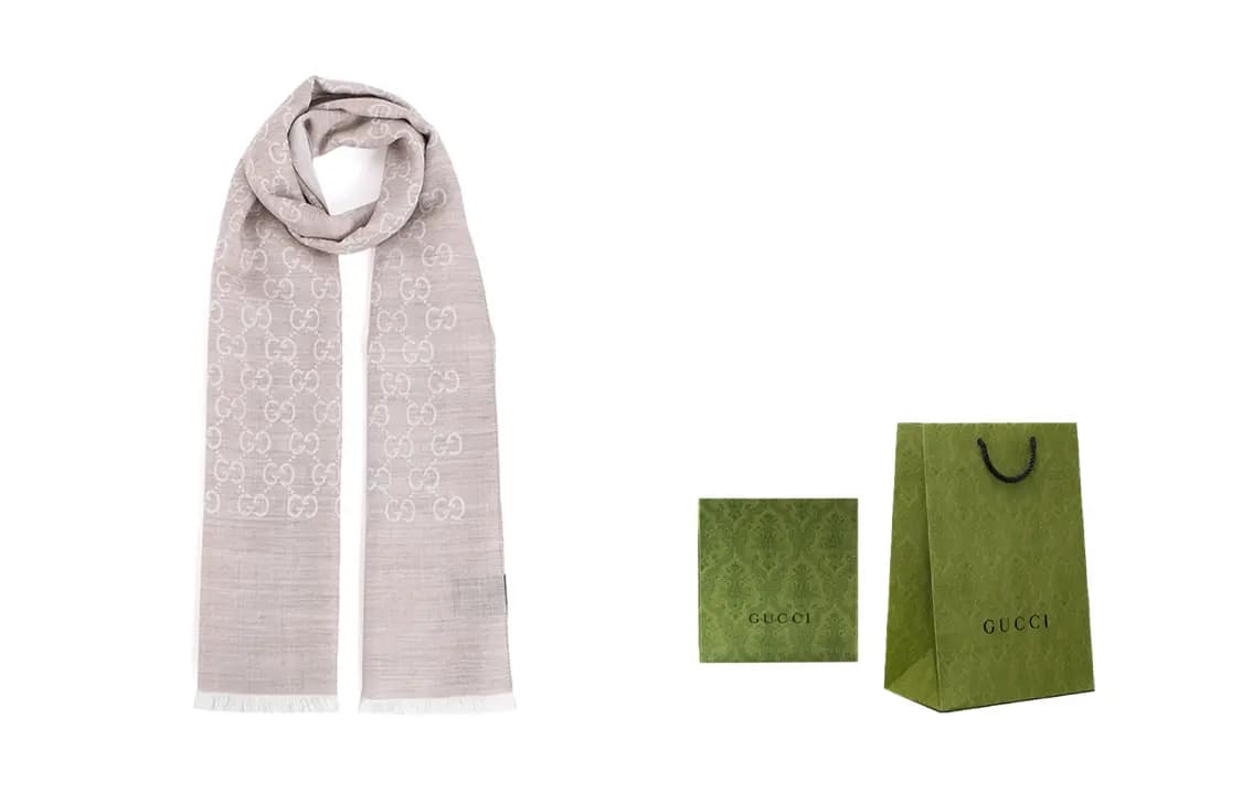 GUCCI GG Jacquard Wool Silk Şərf Bej 7