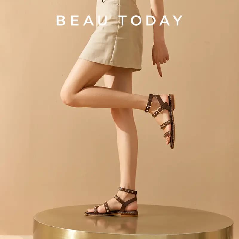Beau Today Calfskin Commute Versatile Comfortable Skin-Friendly Breathable Wear-Resistant Non-Slip Flat Roman Sandals Women's 9