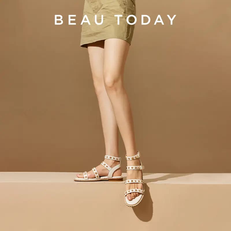 Beau Today Calfskin Commute Versatile Comfortable Skin-Friendly Breathable Wear-Resistant Non-Slip Flat Roman Sandals Women's 16