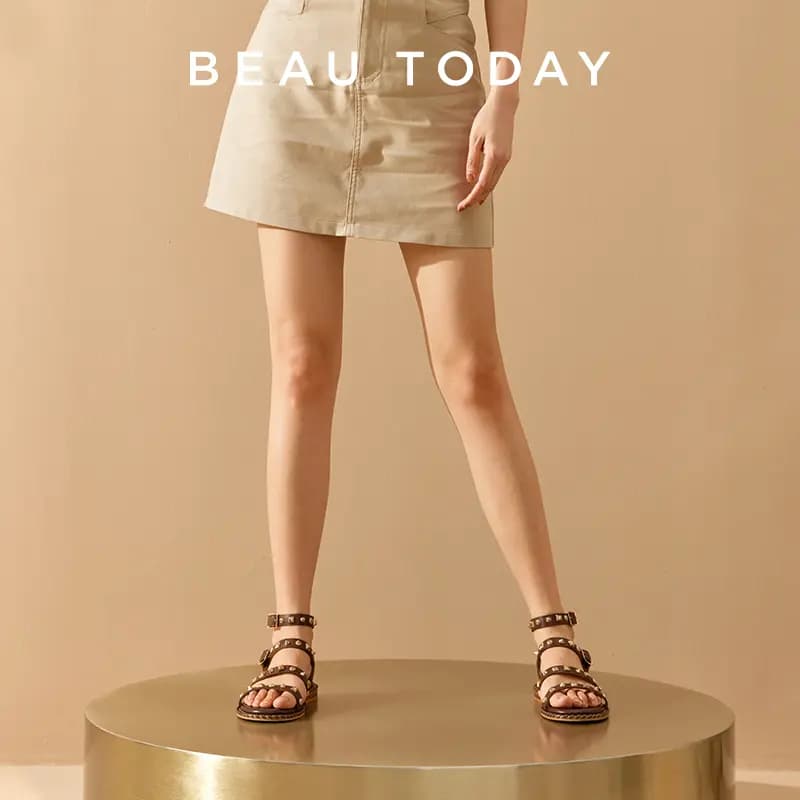 Beau Today Calfskin Commute Versatile Comfortable Skin-Friendly Breathable Wear-Resistant Non-Slip Flat Roman Sandals Women's 10