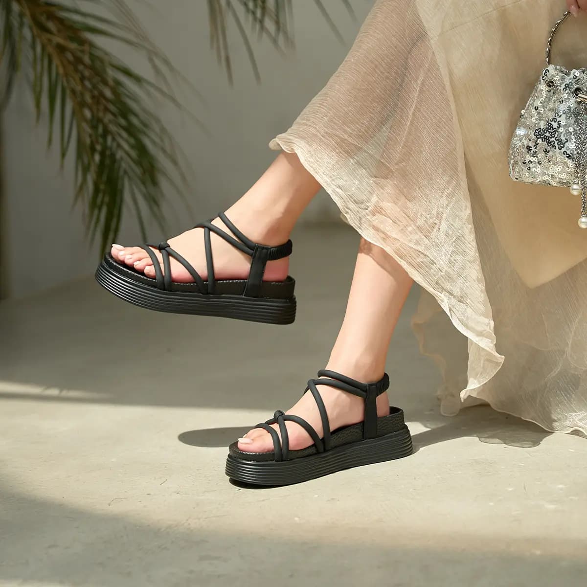 HLA Thick Sole Sandals Women's New Simple Versatile Soft Sole Elastic Band Beach Roman Sandals 7