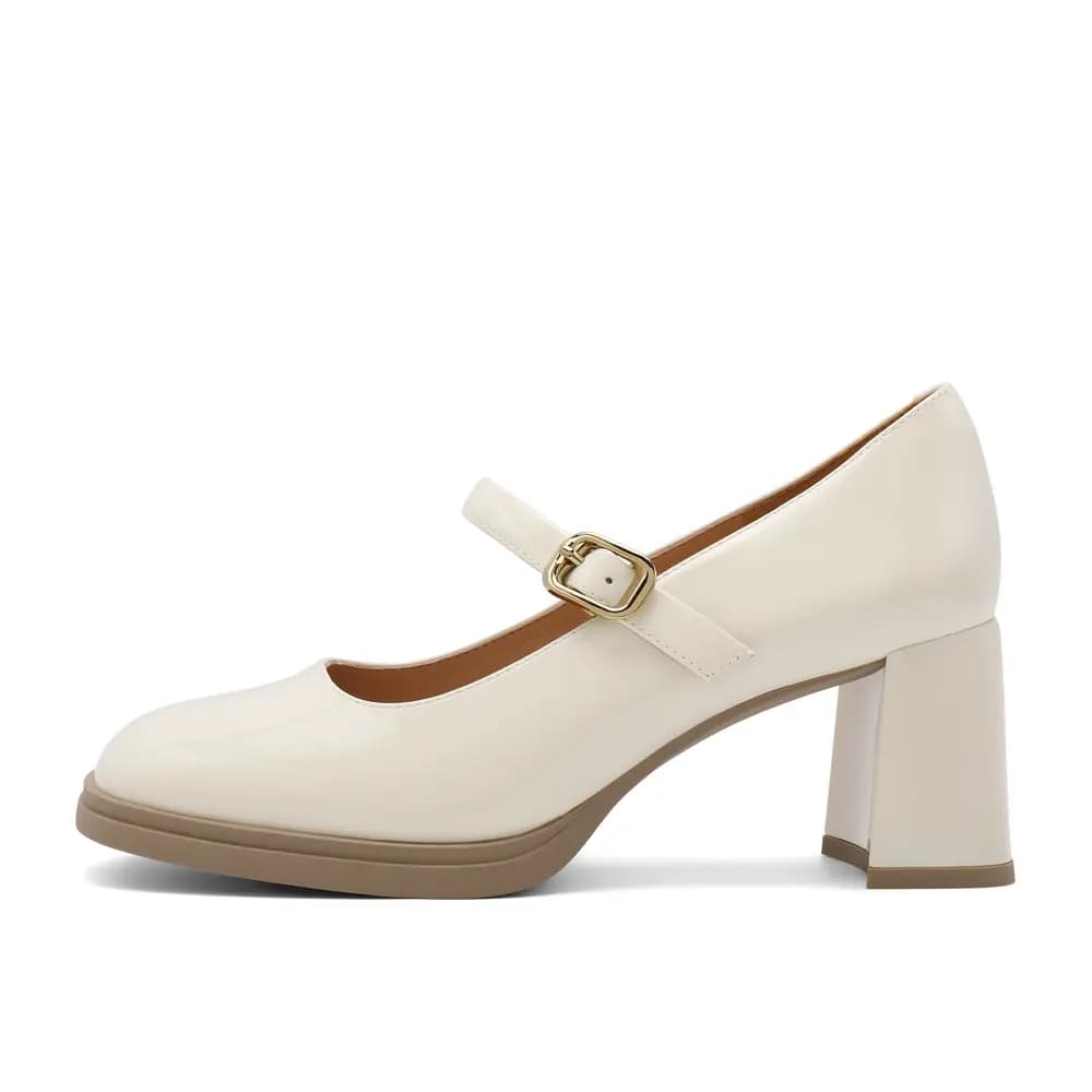 BELLE Chunky Heel Mary Jane Shoes 6.5cm Women's Beige Black 6