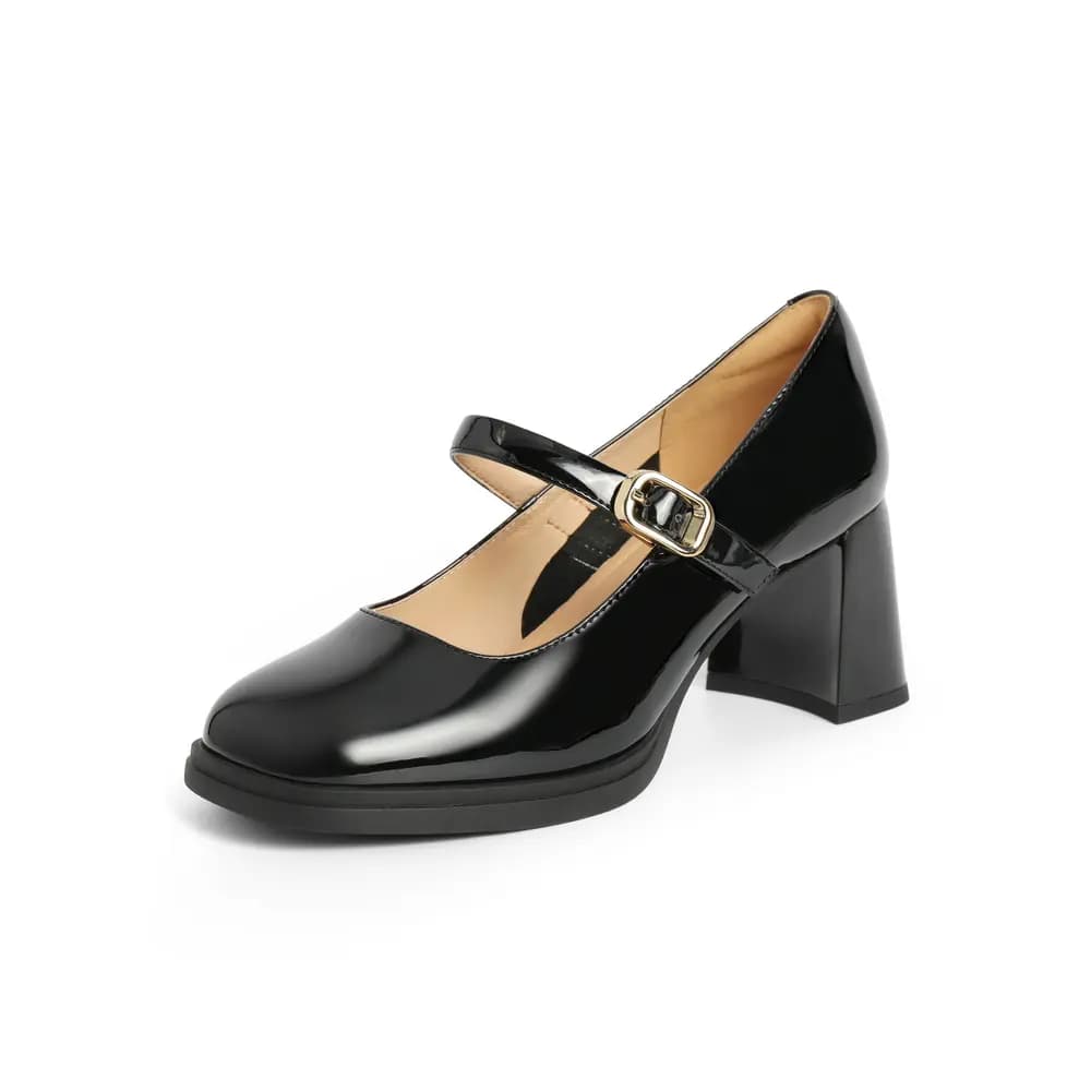 BELLE Chunky Heel Mary Jane Shoes 6.5cm Women's Beige Black 2