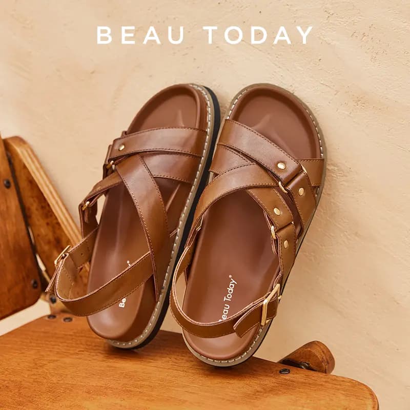 Beau Today Cowhide Leather Versatile Simple Comfortable Breathable Anti-Slip Wear-Resistant Flat Roman Sandals Women's 20