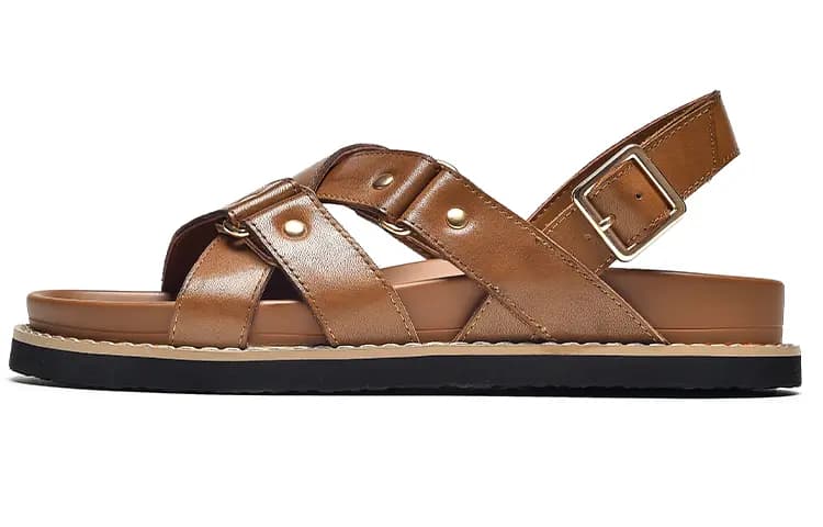 Beau Today Cowhide Leather Versatile Simple Comfortable Breathable Anti-Slip Wear-Resistant Flat Roman Sandals Women's 14