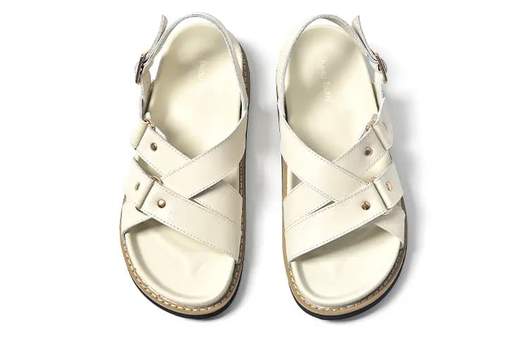 Beau Today Cowhide Leather Versatile Simple Comfortable Breathable Anti-Slip Wear-Resistant Flat Roman Sandals Women's 5