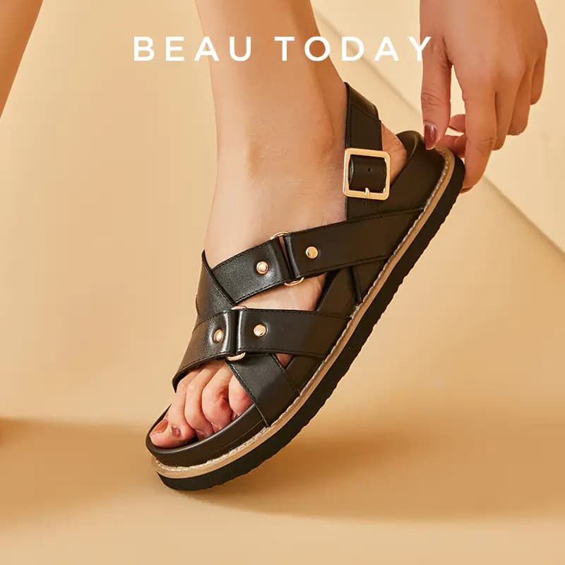 Beau Today Cowhide Leather Versatile Simple Comfortable Breathable Anti-Slip Wear-Resistant Flat Roman Sandals Women's 13