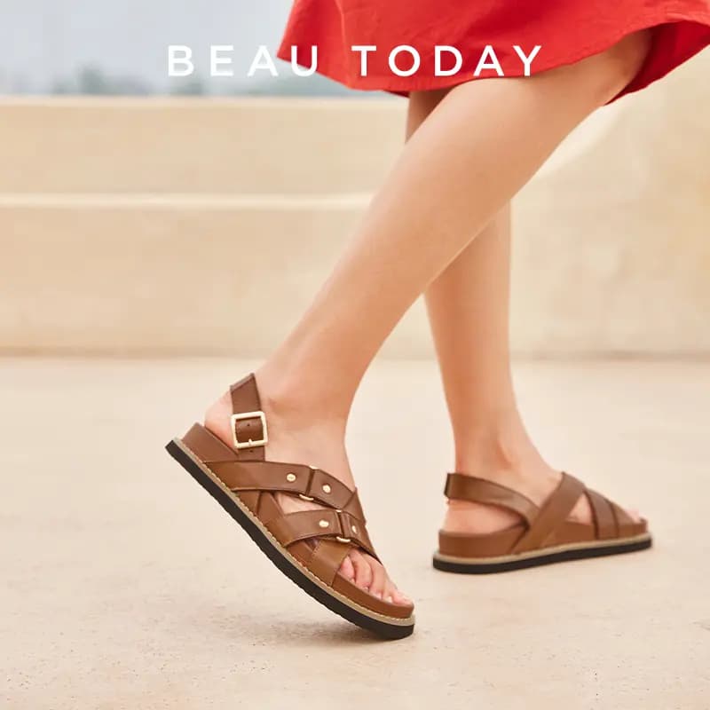 Beau Today Cowhide Leather Versatile Simple Comfortable Breathable Anti-Slip Wear-Resistant Flat Roman Sandals Women's 19