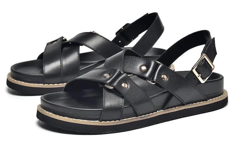 Beau Today Cowhide Leather Versatile Simple Comfortable Breathable Anti-Slip Wear-Resistant Flat Roman Sandals Women's 7