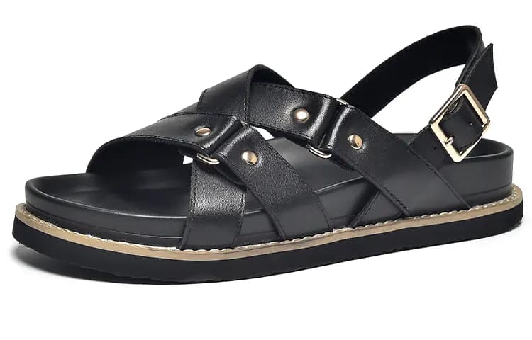 Beau Today Cowhide Leather Versatile Simple Comfortable Breathable Anti-Slip Wear-Resistant Flat Roman Sandals Women's 6
