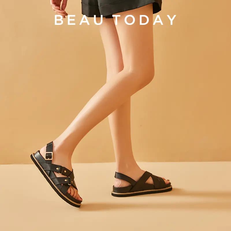 Beau Today Cowhide Leather Versatile Simple Comfortable Breathable Anti-Slip Wear-Resistant Flat Roman Sandals Women's 11