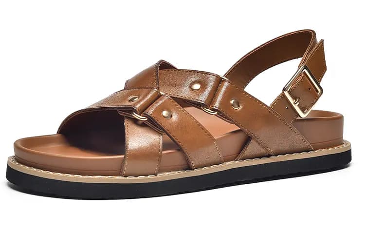 Beau Today Cowhide Leather Versatile Simple Comfortable Breathable Anti-Slip Wear-Resistant Flat Roman Sandals Women's 15
