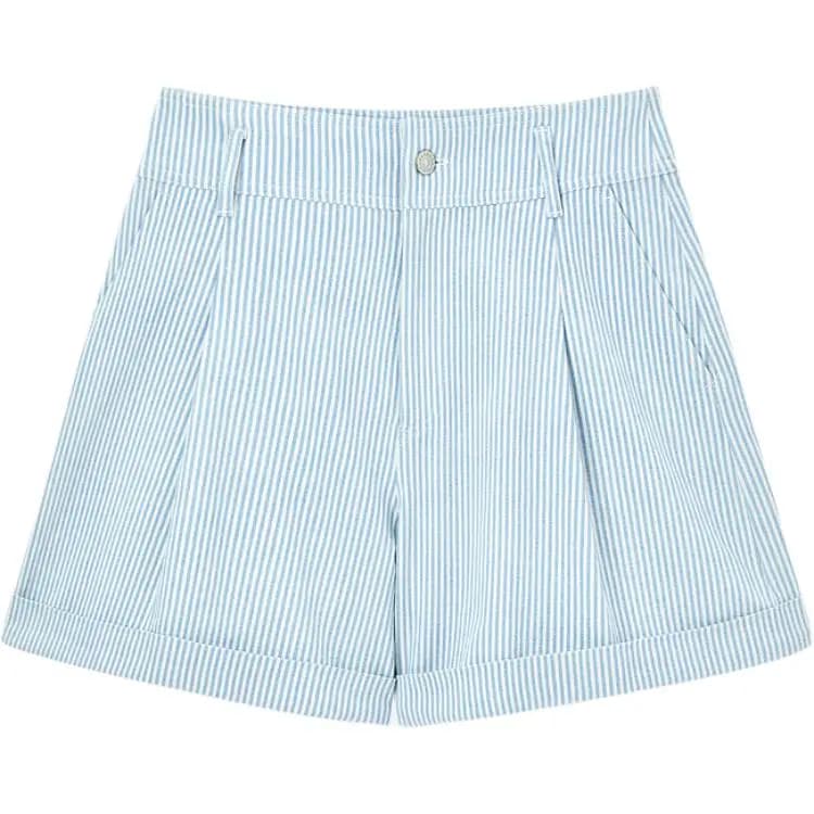 KARL LAGERFELD Fashion Street Urban Casual Luxury Striped Button Mid-Rise Straight Denim Shorts Women's Blue