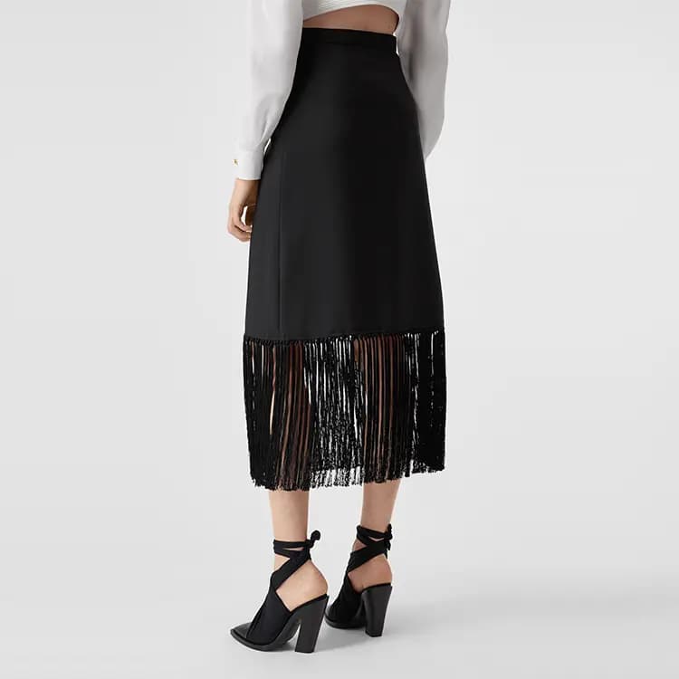 Burberry Fringe Mohair Blend A-Line Leather Midi Skirt Women's Black 5