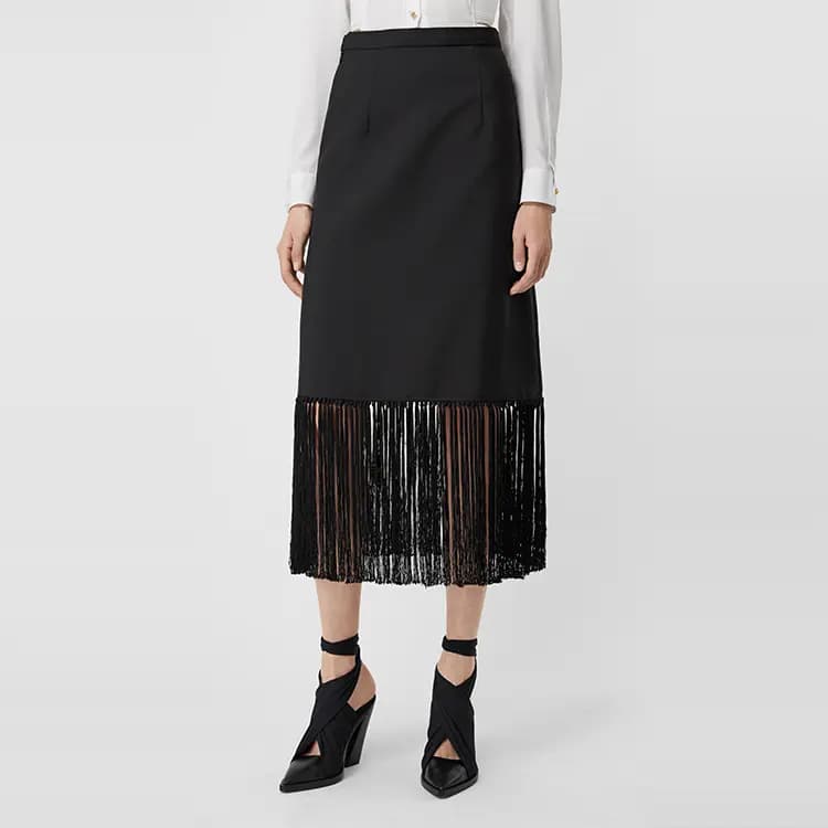 Burberry Fringe Mohair Blend A-Line Leather Midi Skirt Women's Black 3