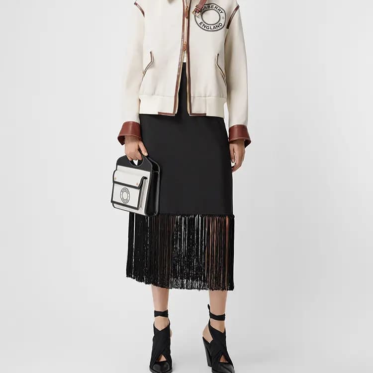 Burberry Fringe Mohair Blend A-Line Leather Midi Skirt Women's Black 4