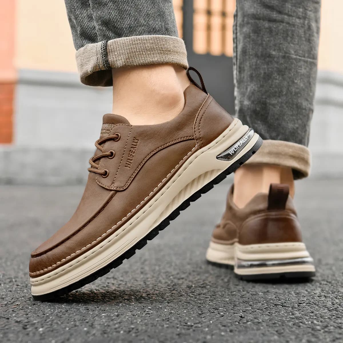HLA Men's Shoes Vintage Wear-Resistant Versatile Work Boots Low-Top Platform Casual Leather Shoes 15