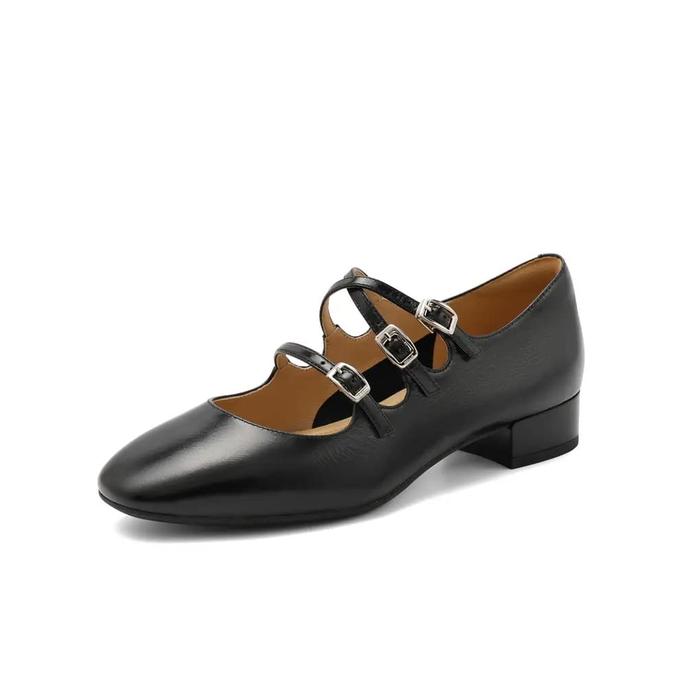 BELLE Chunky Heel Mary Jane Shoes 2cm Women's Beige Black 6