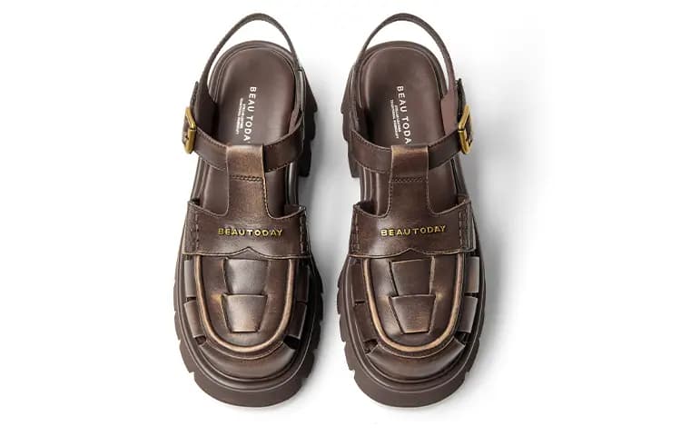 Beau Today Calf Leather Comfortable Breathable Lightweight Fashion Wear-Resistant Height-Increasing Roman Sandals Women's 14