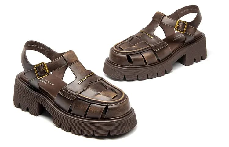 Beau Today Calf Leather Comfortable Breathable Lightweight Fashion Wear-Resistant Height-Increasing Roman Sandals Women's 13
