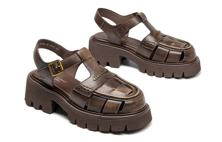 Beau Today Calf Leather Comfortable Breathable Lightweight Fashion Wear-Resistant Height-Increasing Roman Sandals Women's 12