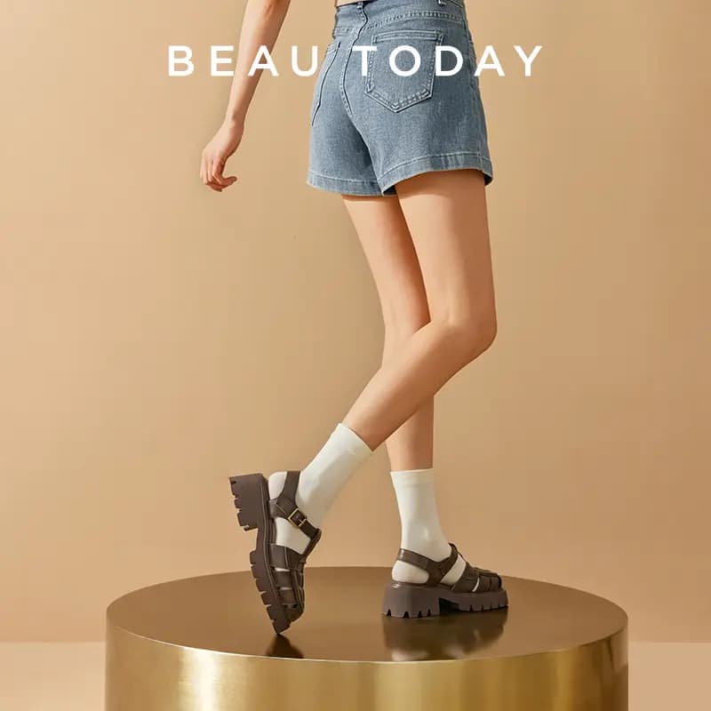Beau Today Calf Leather Comfortable Breathable Lightweight Fashion Wear-Resistant Height-Increasing Roman Sandals Women's 16